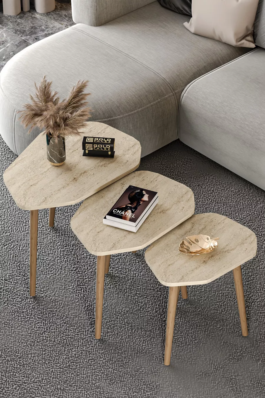 Table gigogne 3 pièces Trio Table d'appoint en bois Table basse Travertin