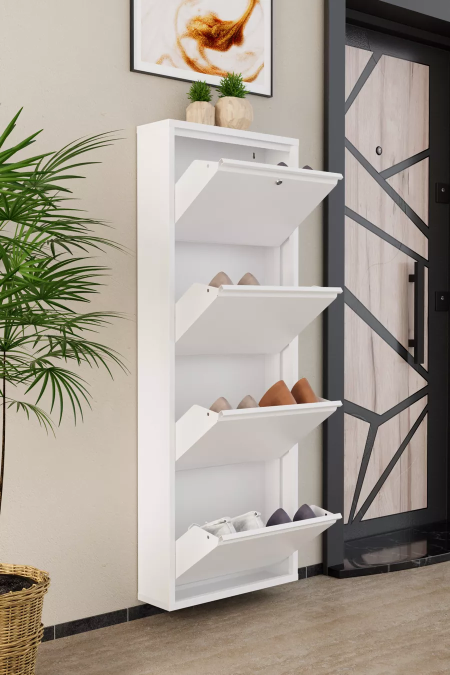 Meuble à chaussures métallique blanc à 4 portes verrouillables