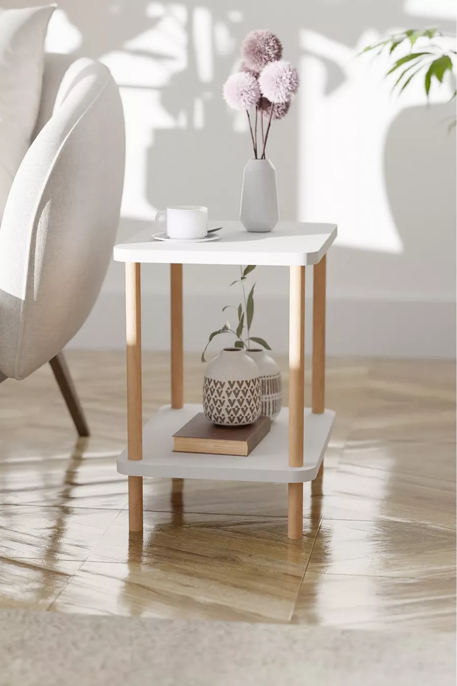Table d'appoint latérale à 2 étagères avec large porte-journaux, bibliothèque, support pour fleurs, table de chevet, table de chevet polyvalente