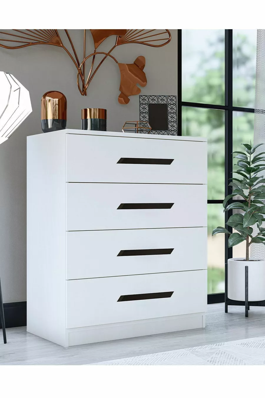 Gm Almina Commode Blanche à 4 Tiroirs avec Poignées Noires