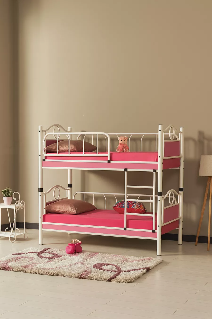 Chambre d'enfant Émeraude Lit superposé et lit en bois avec tête en métal Blanc Rose
