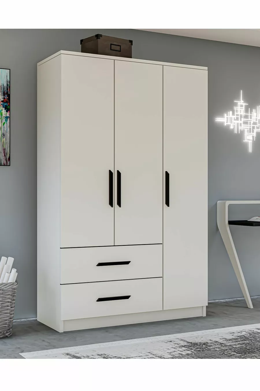 Gm  Modena Armoire Blanche à 3 Portes et 2 Tiroirs avec Poignées Noires