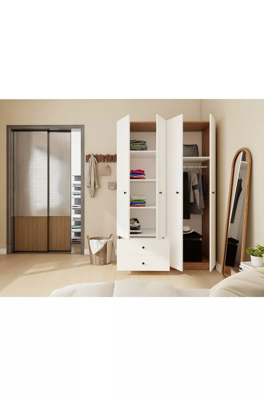Armoire Marbella à 4 portes et 2 tiroirs, couleur Cerisier/Blanc