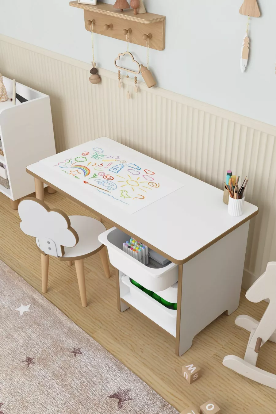 Table d'activité avec rouleau de papier à dessin, bureau pour enfants, armoire à jouets