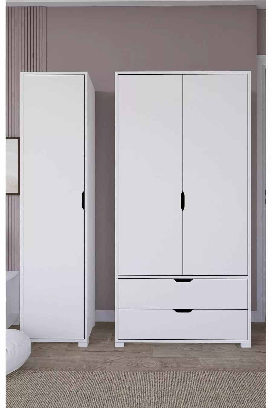 Armoire à vêtements Duru Mat Blanc à 3 portes et 2 tiroirs - Ensemble de garde-robe