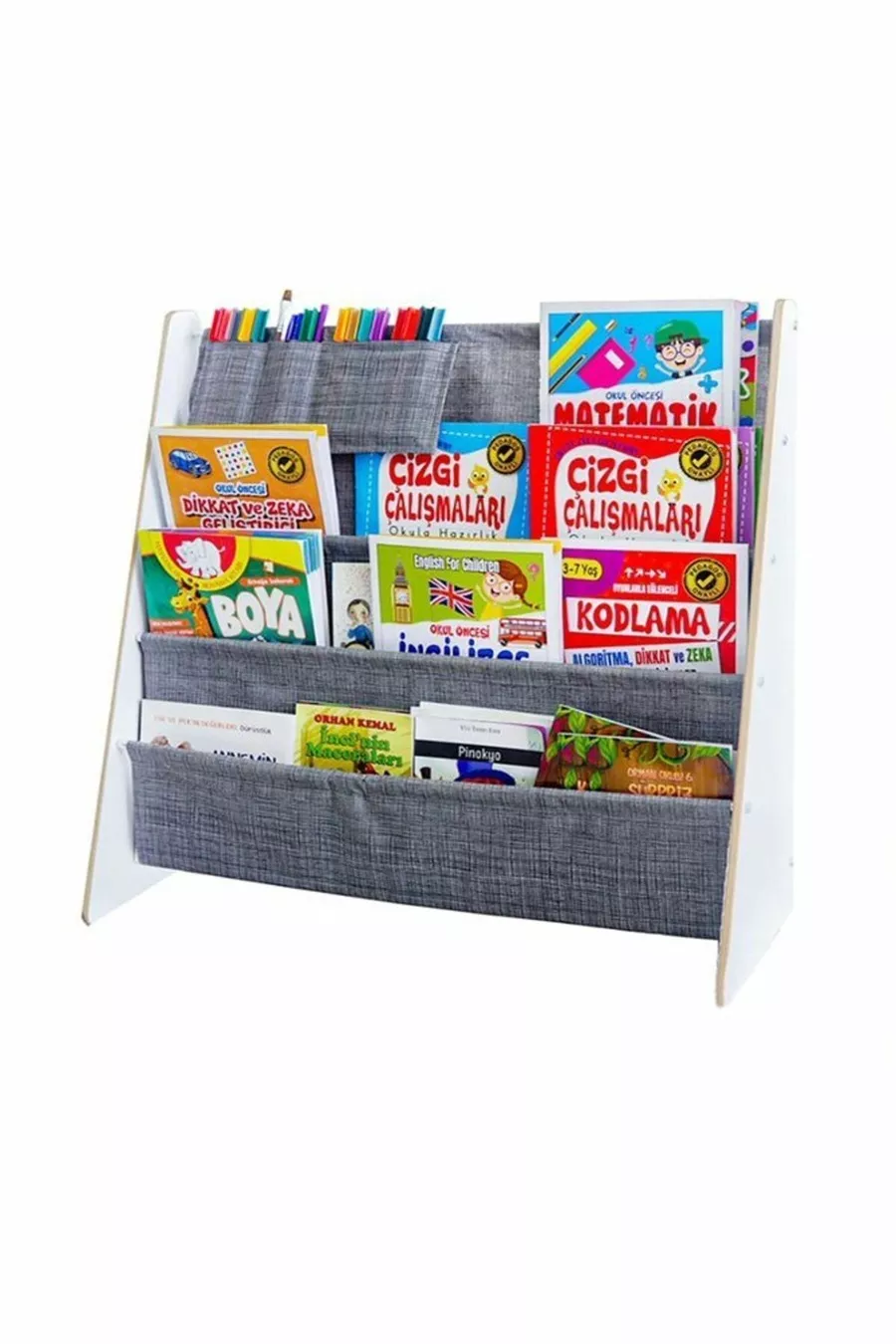 Bibliothèque en tissu Montessori pour maternelle, école, chambre d'enfant, en bois, lavable, gris