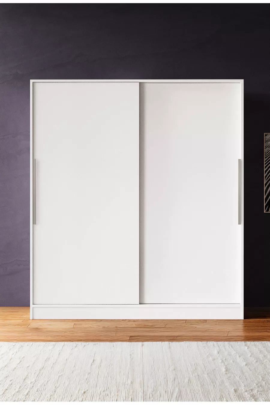 Armoire  Zambak coulissante avec étagères multiples, tiroirs et penderie, structure blanche (portes blanches-blanches)