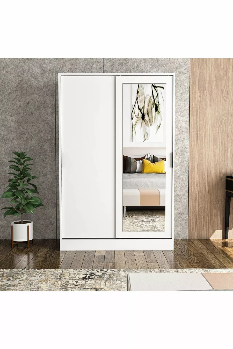 Armoire Berceste Blanche à 2 Portes Coulissantes avec Miroir et 8 Compartiments