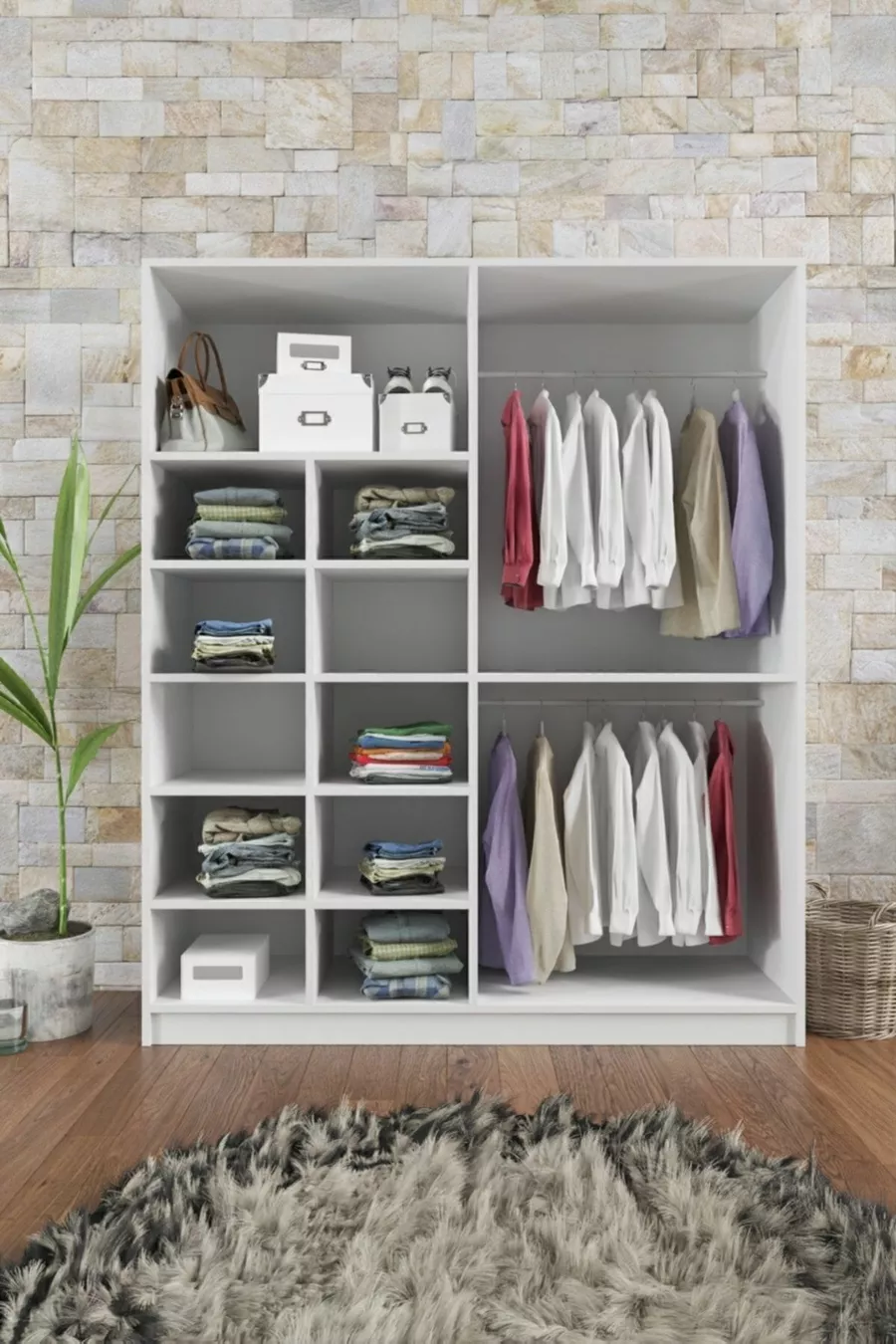 Armoire blanche  Milano à 4 portes avec  étagères et 2 penderies
