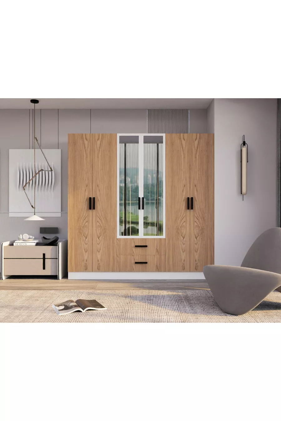 Valeria Armoire 6 Portes 2 Tiroirs Grande Armoire & Armoire à Miroir Pin Atlantique & Blanc