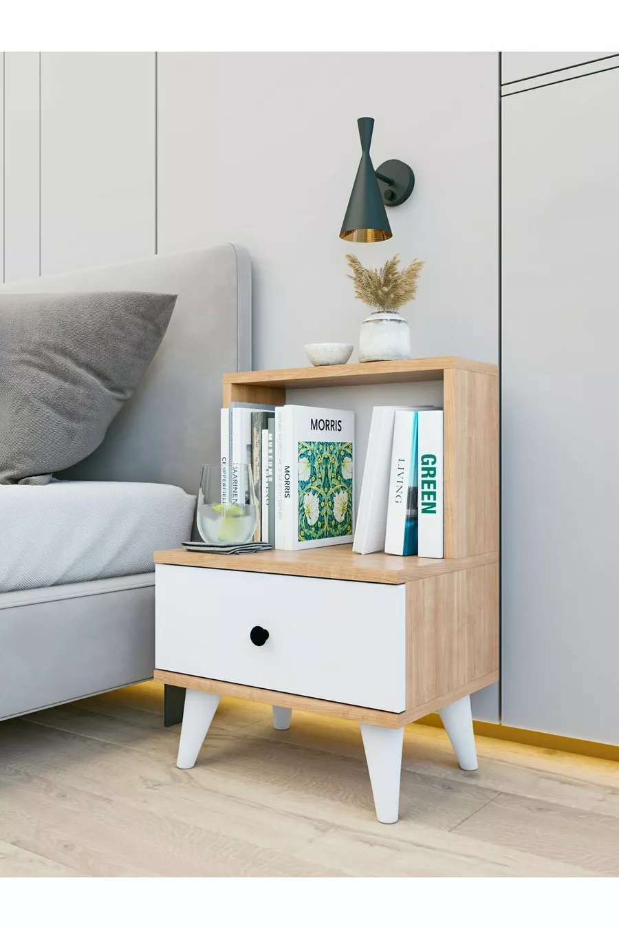 Table de chevet blanche brillante Marbella avec tiroirs et étagères pour chambre à coucher