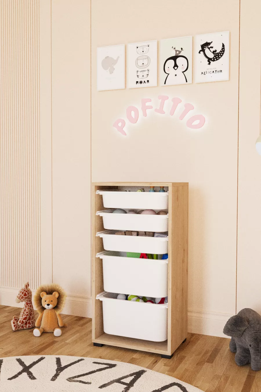 Armoire à jouets avec 2 profonds et 5 paniers, armoire multi-usage pour cuisine, cellier et salle de bain