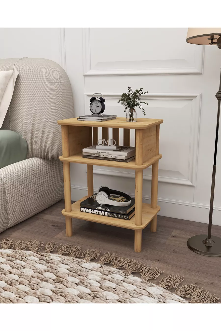 Commode Linde Minimaliste en MDF avec lames et pieds en bois ; Chambre - Salon - Bureau