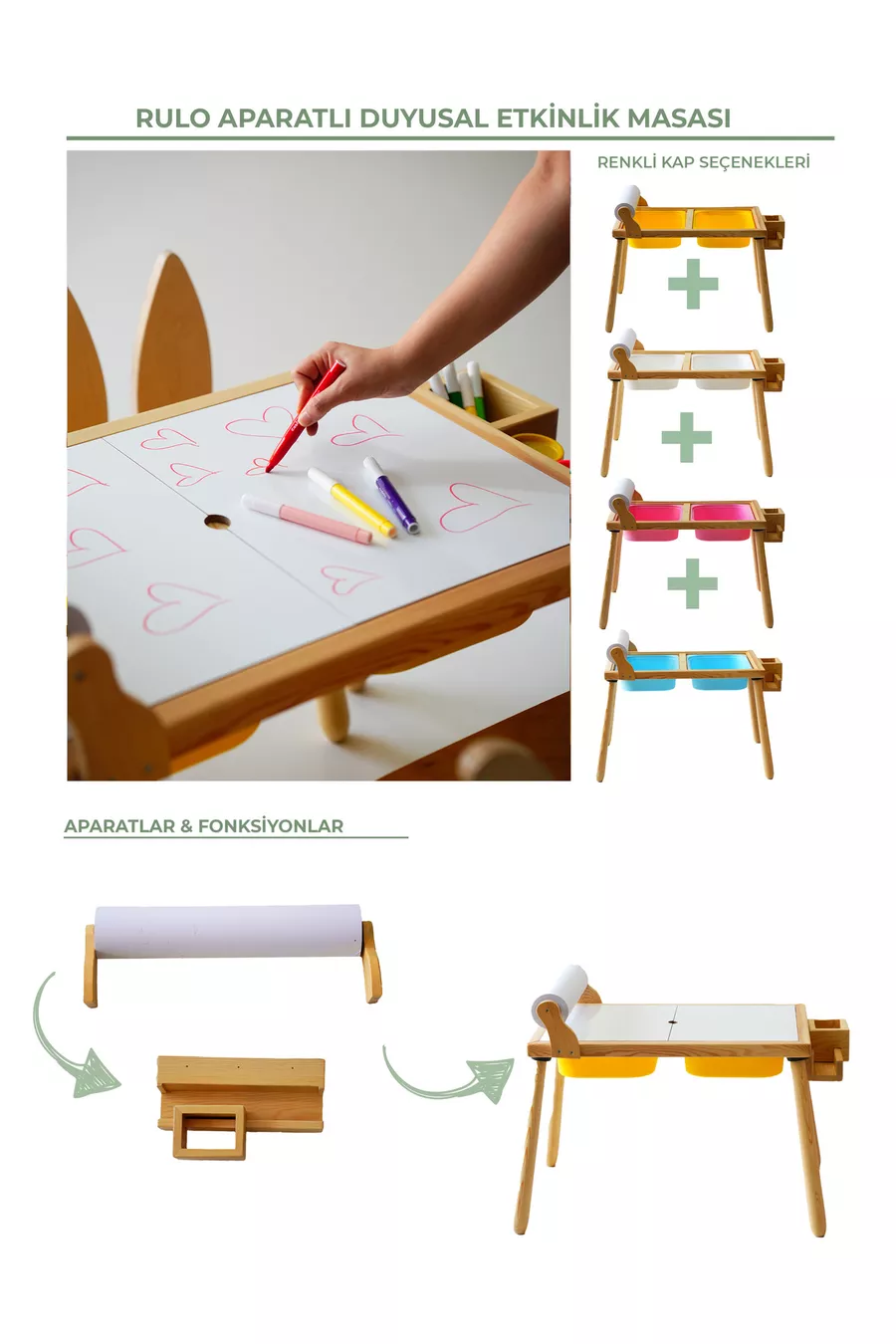 Table d'activité sensorielle en bois pour enfants + ensemble 1 chaise (avec rouleau de papier en cadeau)