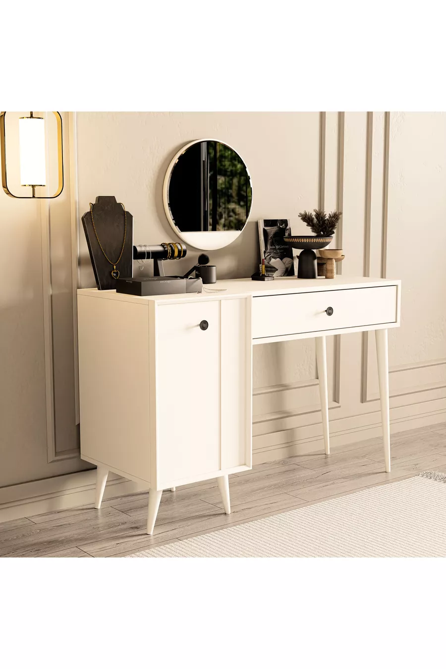LOVE MIROIR (SUR PIED EN BOIS) TABLE DE MAQUILLAGE AVEC TIROIRS - AVEC PORTES EN MDF BLANC CM