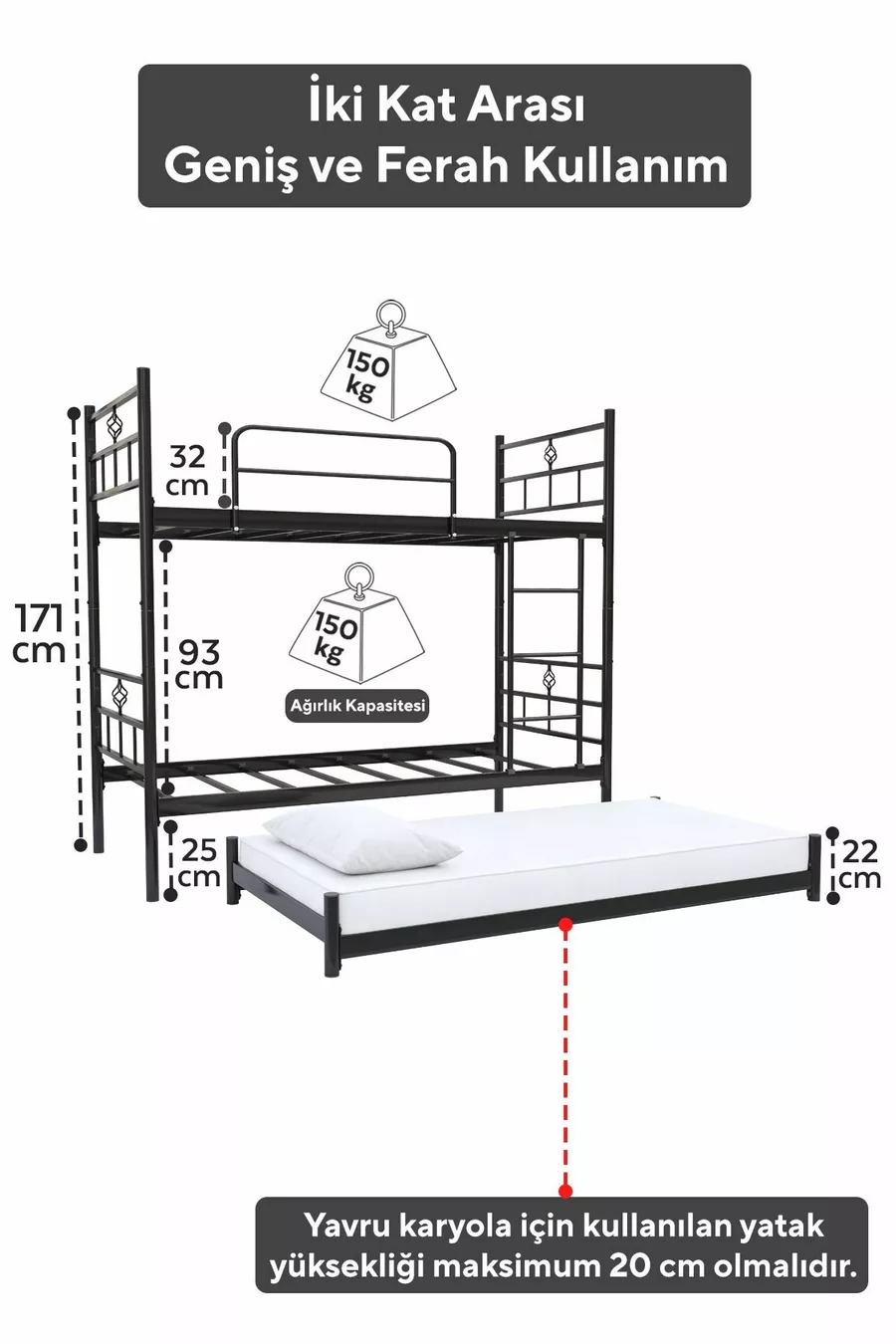 Lit superposé Koza avec tiroir, compatible pour 3 personnes, lit en métal noir