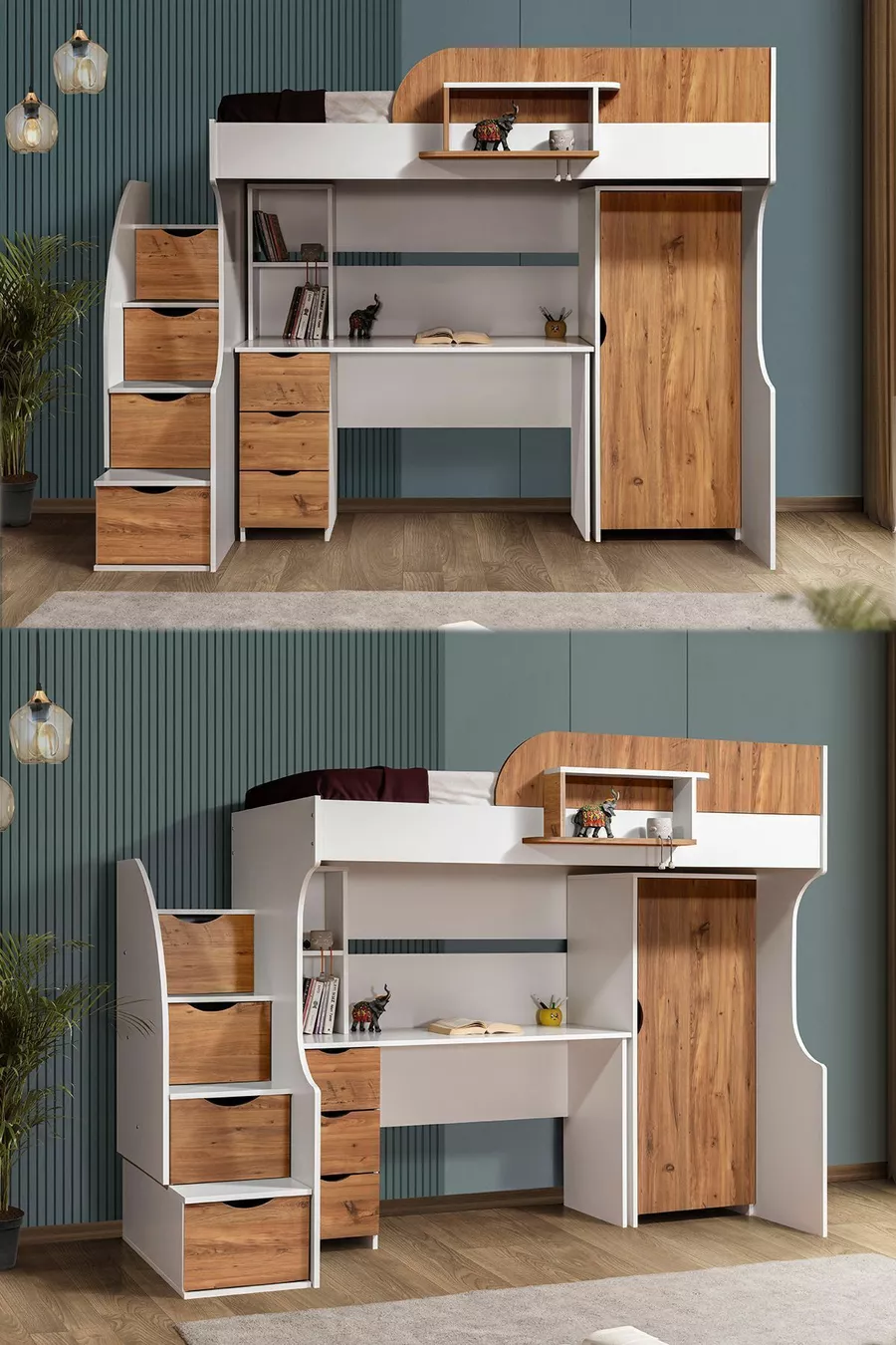 Lit superposé, lit superposé avec armoire et bureau, blanc-noix foncé, 1 matelas Comfort
