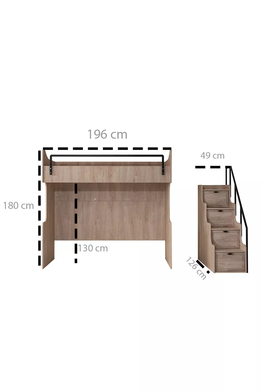 Lit superposé, ensemble de chambre pour jeunes Polo avec bureau double, lit superposé en noyer + armoire en noyer à trois portes