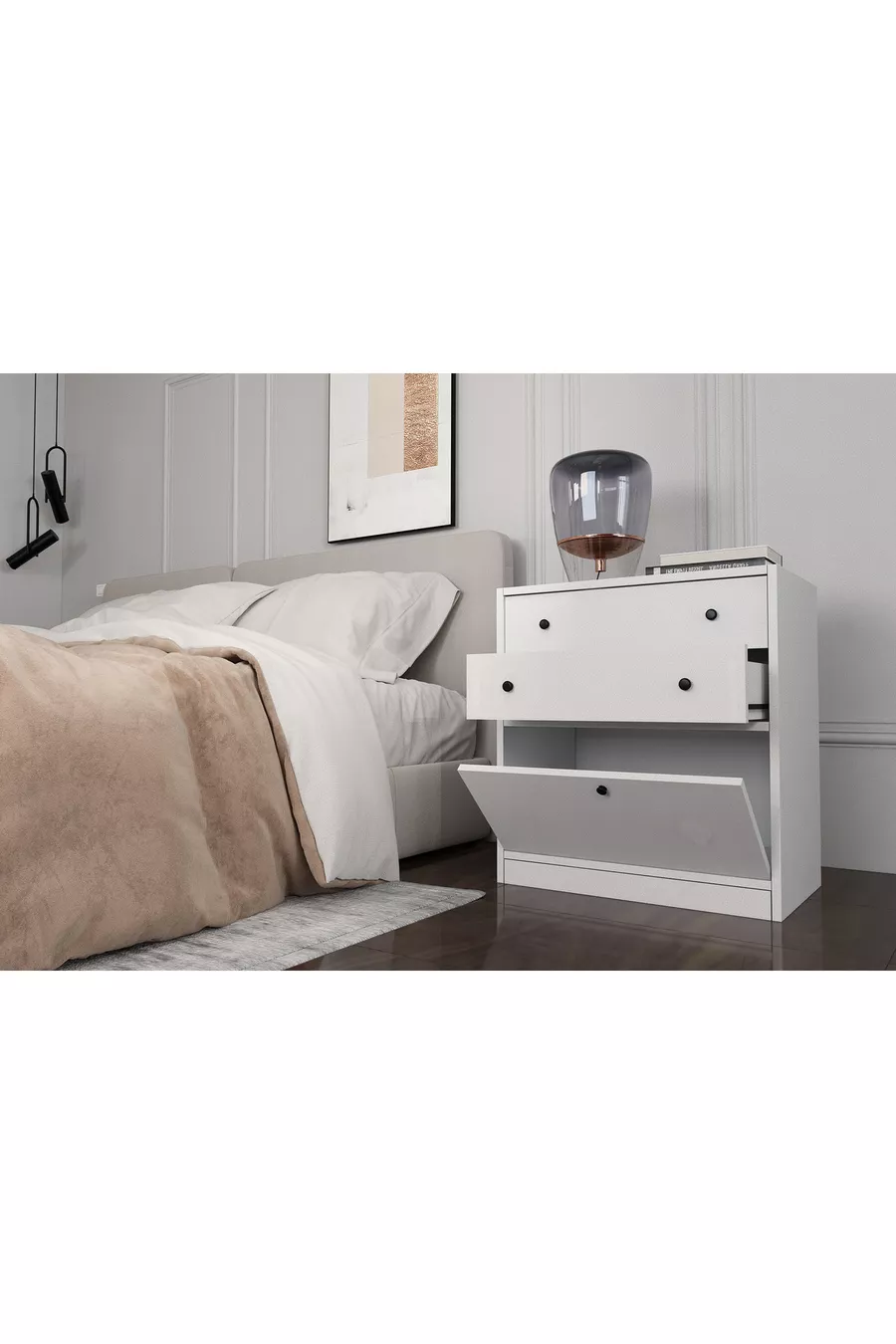 Table de chevet blanche à deux tiroirs avec porte, sans moulure