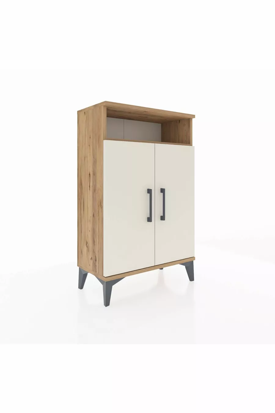 Table de chevet Arges à 3 étagères et 2 portes, pin-pierre d'onyx