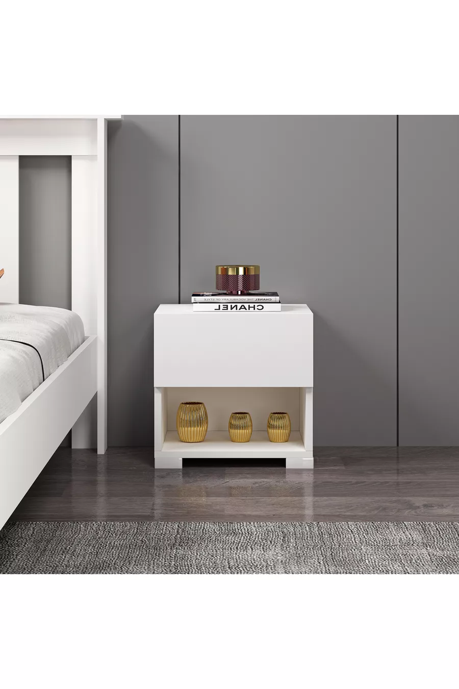 Table de chevet blanche en MDF sans rail
