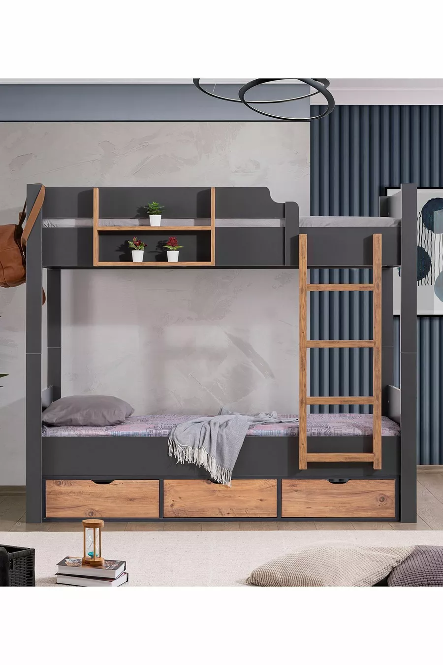 Lit superposé Ranza Asya avec tiroirs amovibles, 2 matelas Comfort