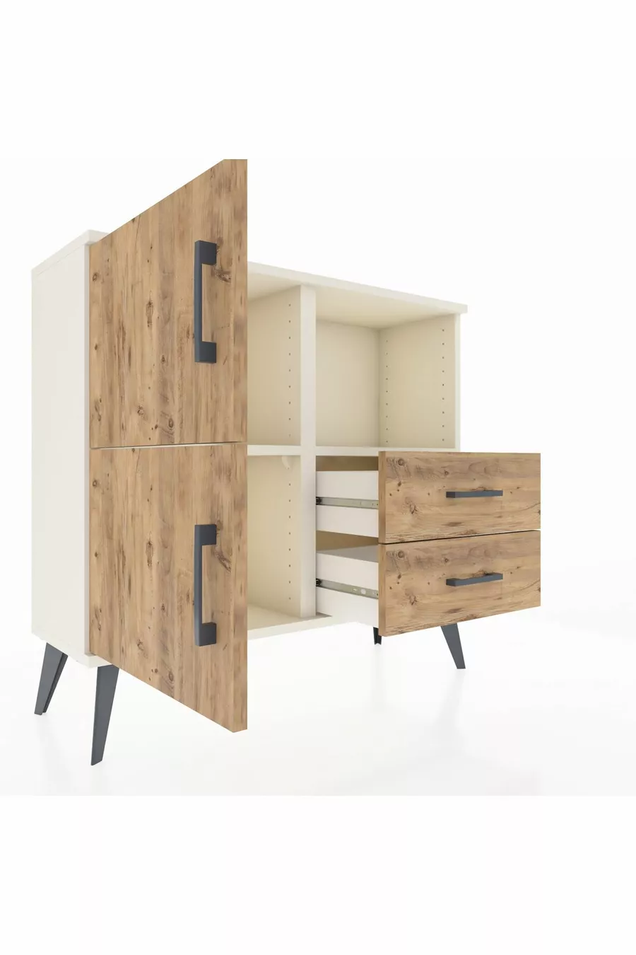Commode Arges avec 2 étagères, 2 tiroirs et 2 portes, couleur Pierre de lune-Pin