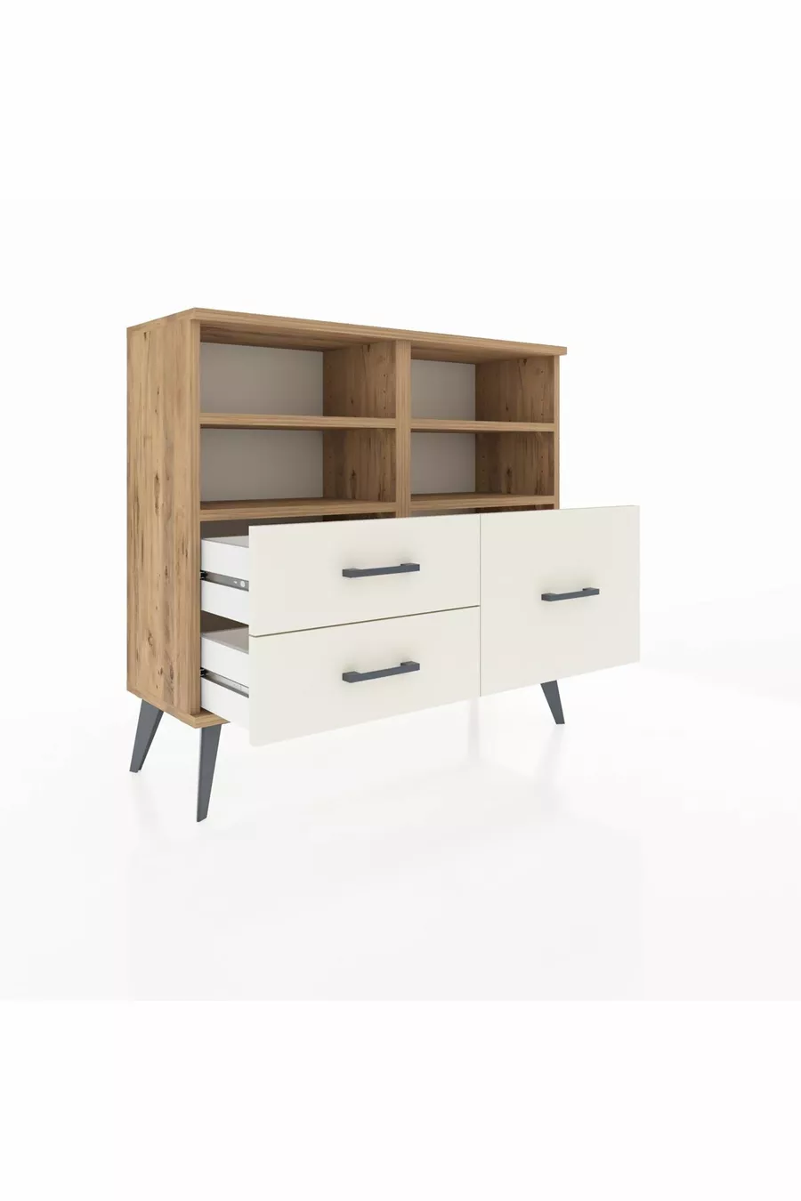 Commode Arges 4 étagères 3 tiroirs Pin-Pin/Pierre de lune