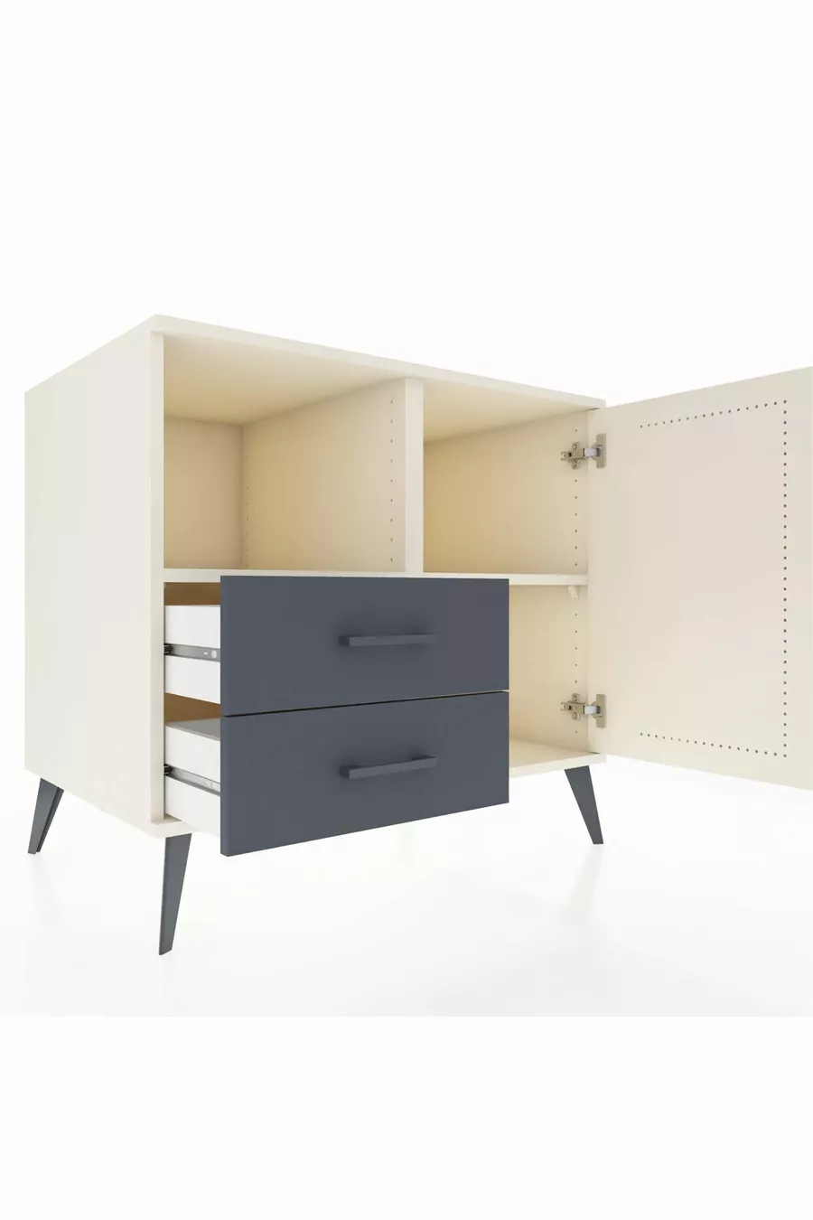 Commode Kronos avec 2 étagères, 2 tiroirs et 1 porte, Albâtre/Anthracite