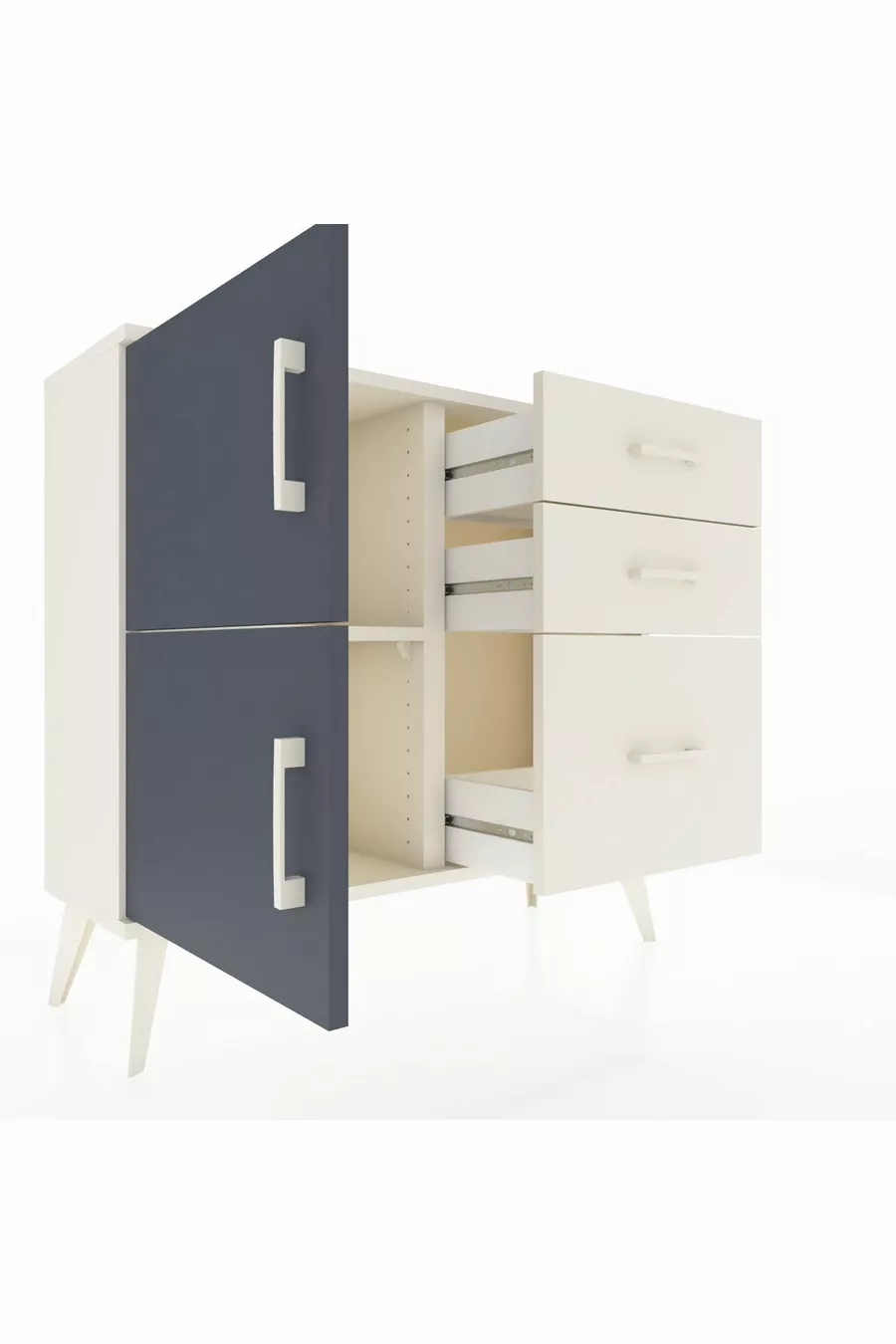 Commode Arges avec une étagère, 3 tiroirs et 2 portes, couleur Pierre de Lune-Anthracite/Pierre de Lune