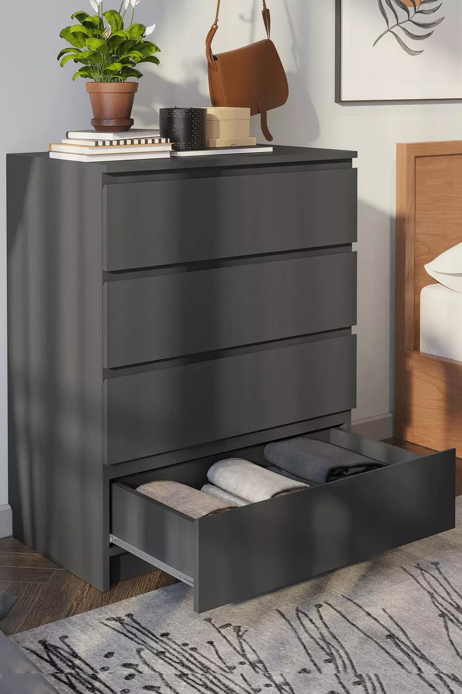 Commode Derinkuyu à 4 tiroirs pour chambre à coucher, chambre de bébé, chambre d'adolescent, anthracite