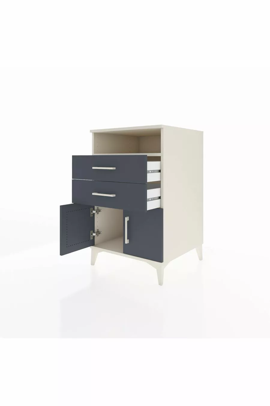 Table de chevet Kronos avec une étagère, 2 tiroirs et 2 portes, Pierre de lune - Anthracite