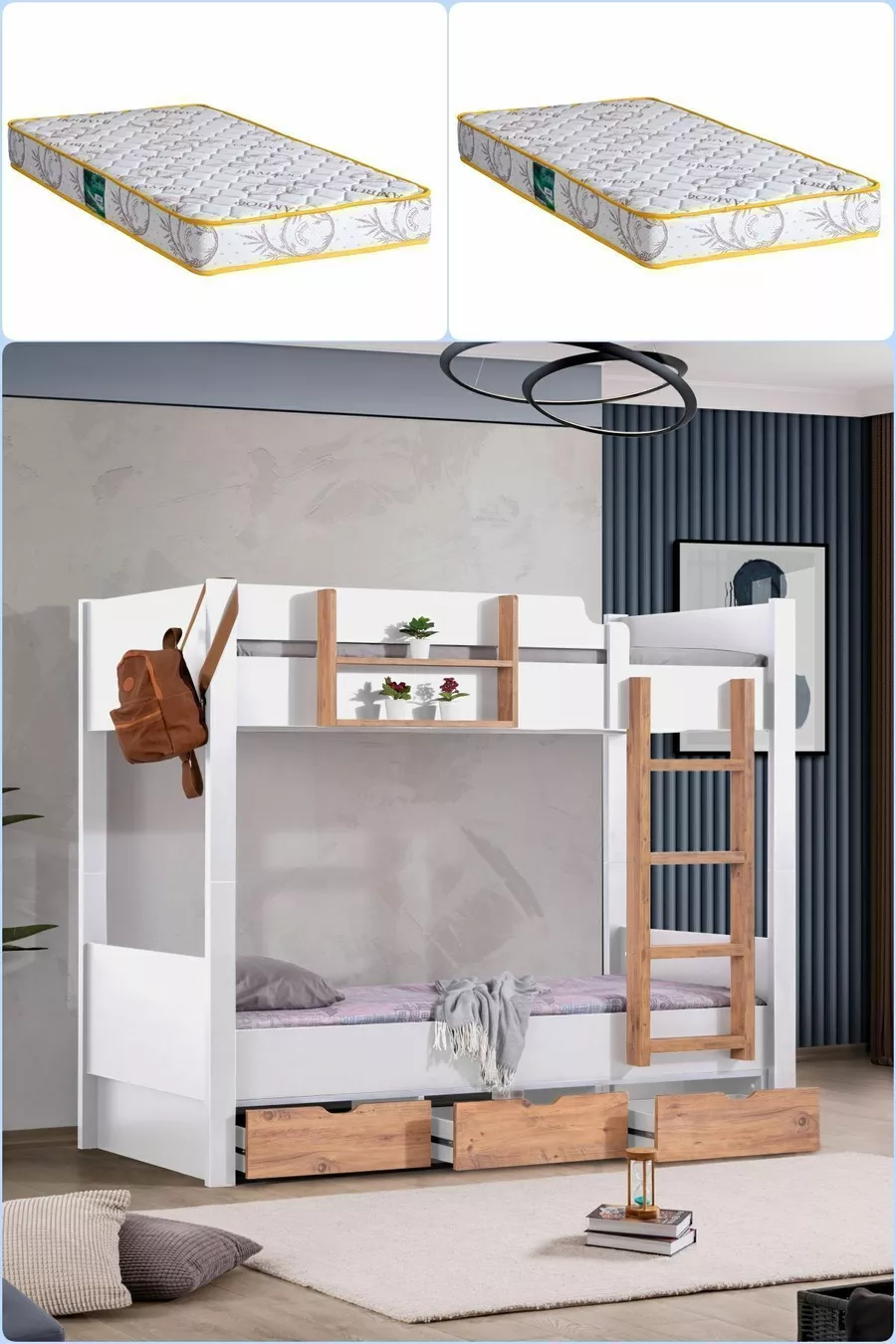 Lit superposé Ranza Asya avec tiroirs amovibles, 2 matelas Comfort
