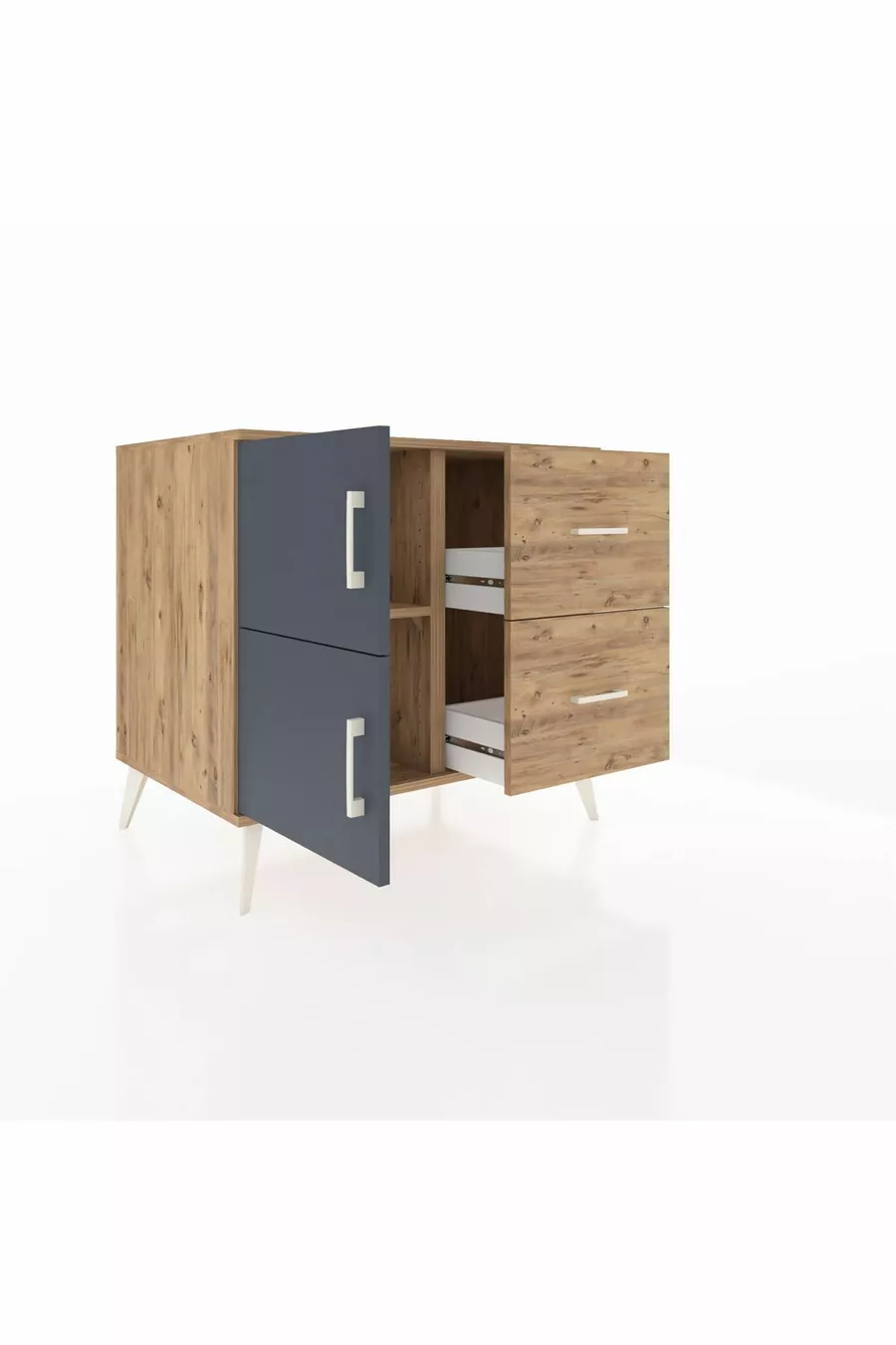 Commode Kronos à une étagère, 2 tiroirs et 2 portes, Pin-Anthracite/Pin