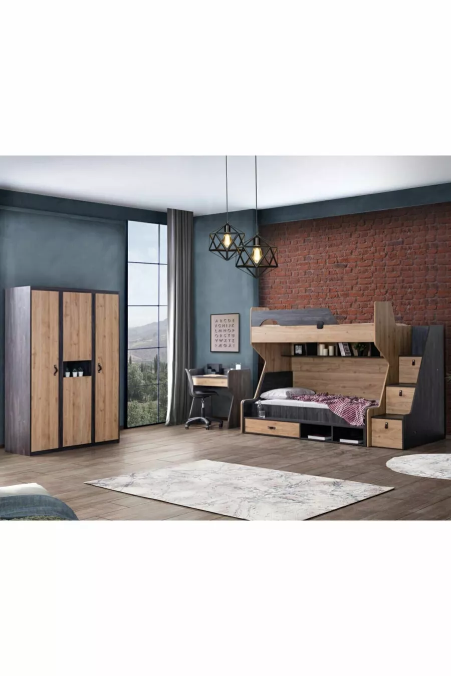 Lits superposés, Lits superposés Naturel avec bureau et armoire à 3 portes