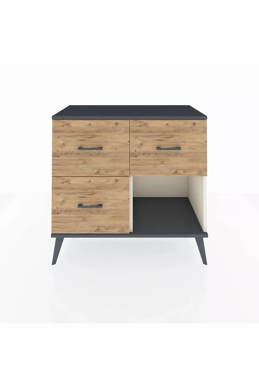 Commode Hyperion 3 tiroirs Pierre de lune-Anthracite/Sapin