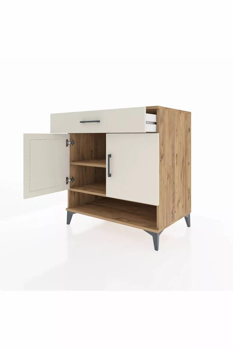 Commode Kronos 2 étagères, 1 tiroir, 2 portes, pin-pierre de lune
