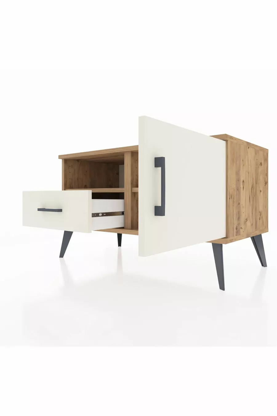 Commode Hyperion à 2 étagères, 1 tiroir et 1 porte, Pins-Quartz