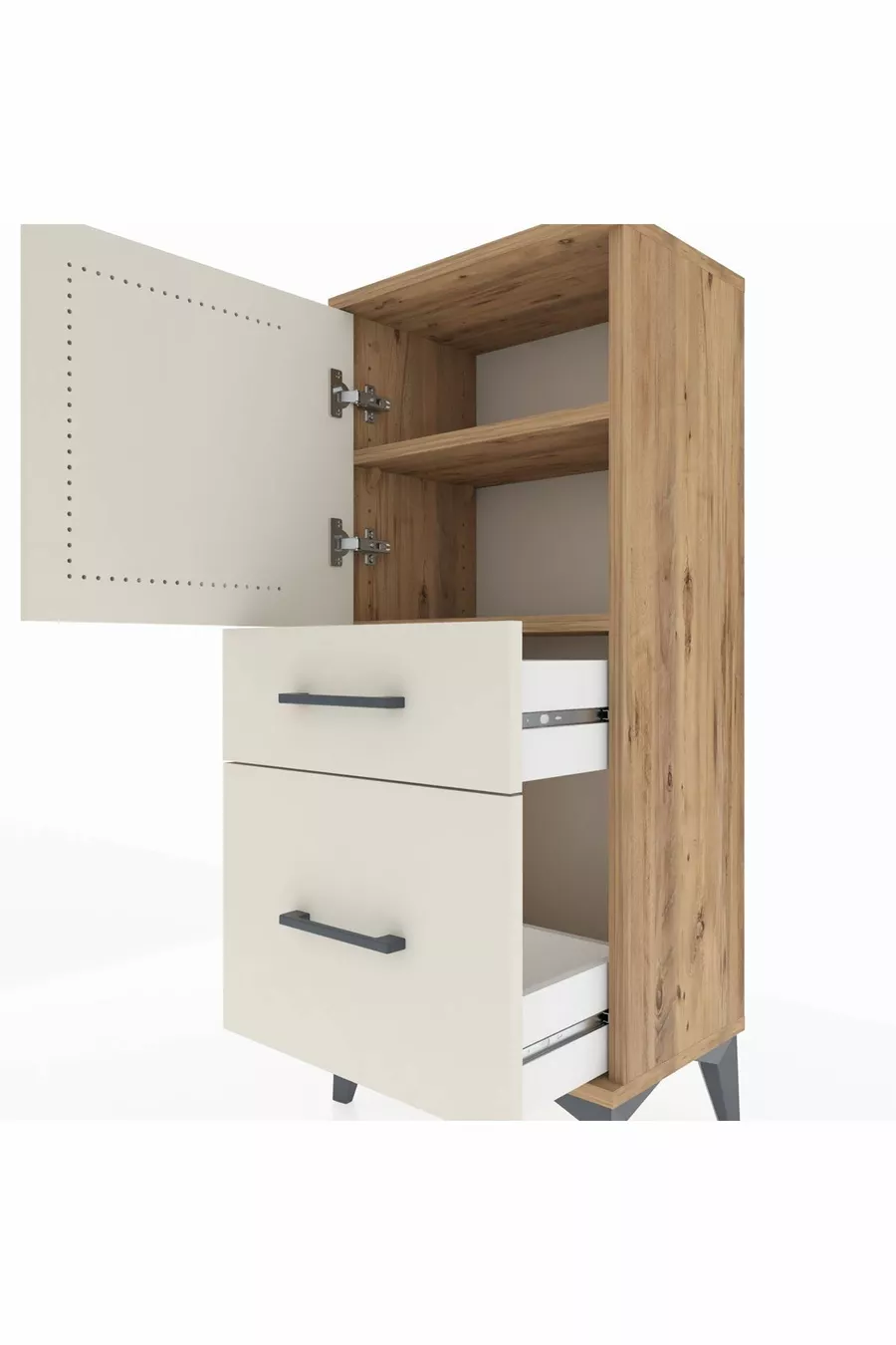 Table de chevet Arges avec 2 étagères, 2 tiroirs et 1 porte, en pin-pierre d'ardoise