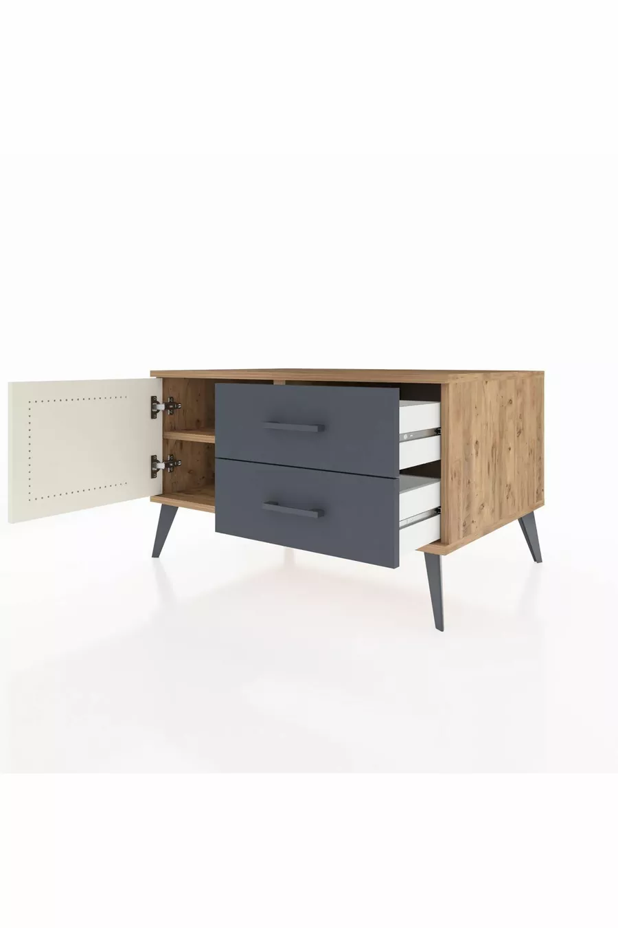 Commode Kronos à une étagère, 2 tiroirs et une porte, Pin-Pierres/Athracite