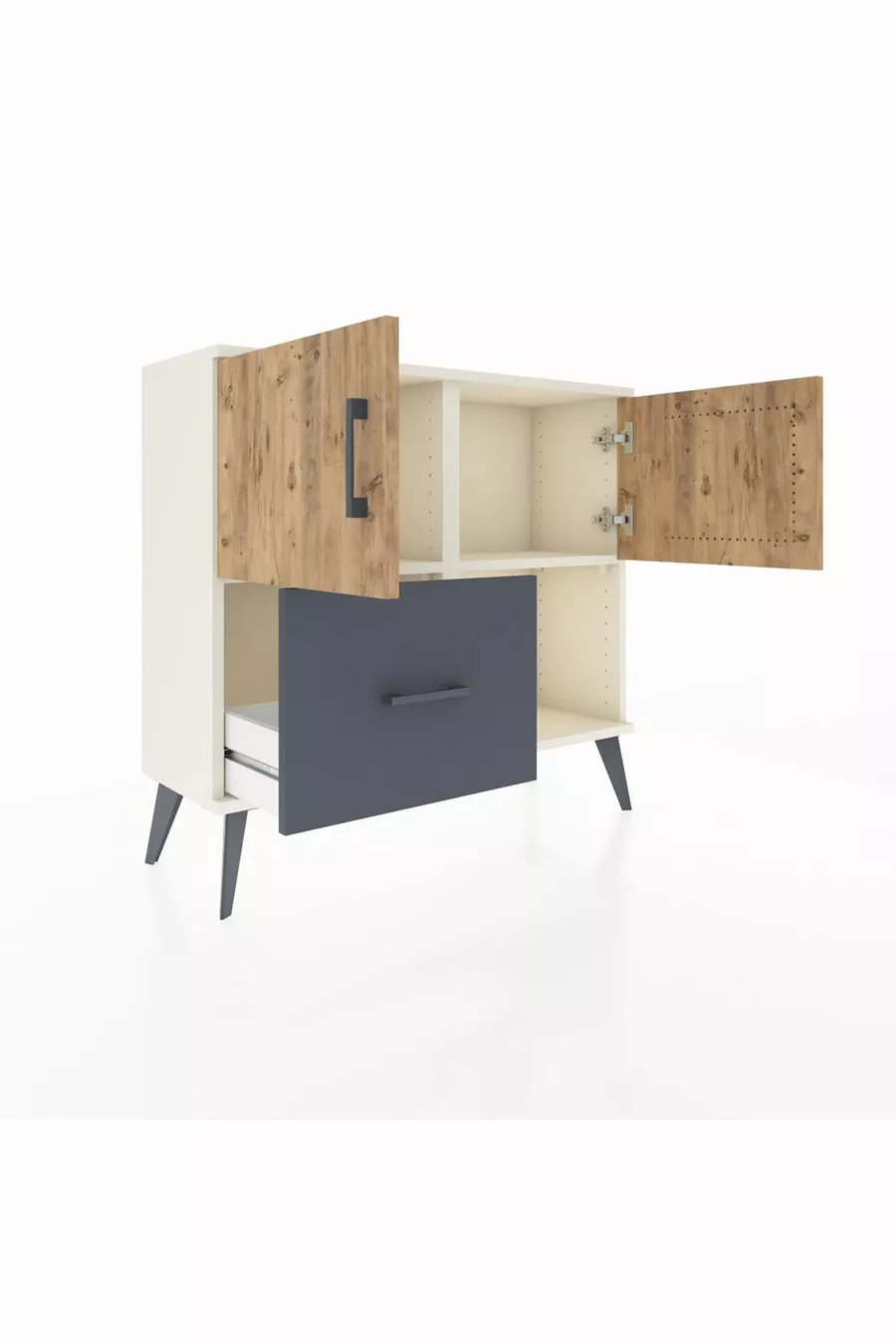Commode Arges à 2 étagères, 1 tiroir, 2 portes, Pierre de lune-Pin/Anthracite