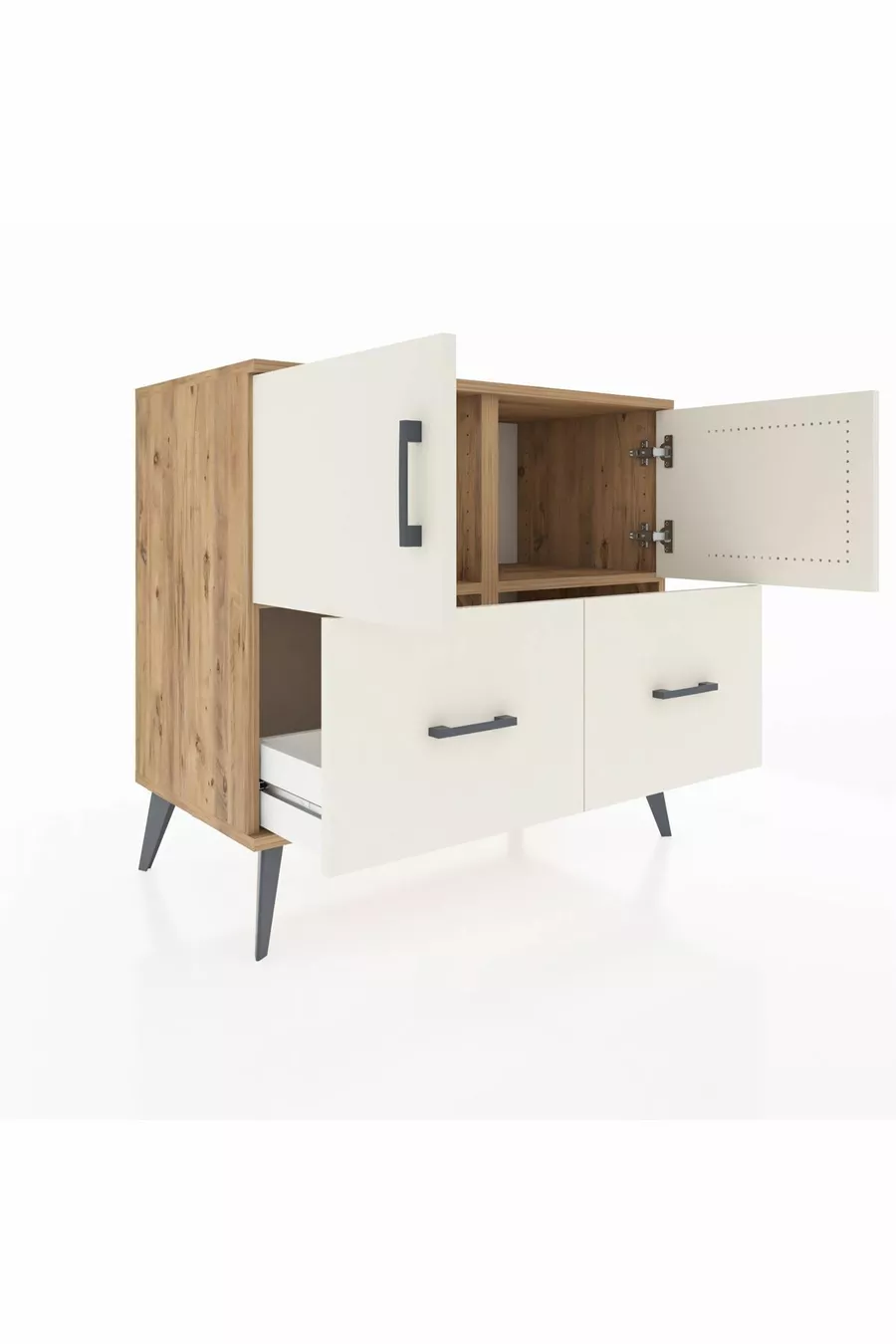Commode Hyperion 2 étagères 2 tiroirs 2 portes Pin-Gris