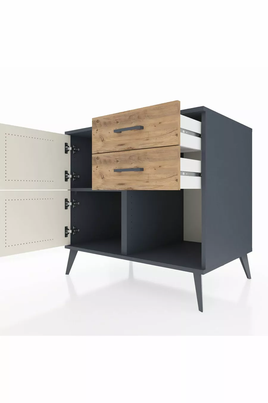 Commode Kronos à une étagère, 2 tiroirs, 2 portes, Anthracite-Pierre de Lune/Pin