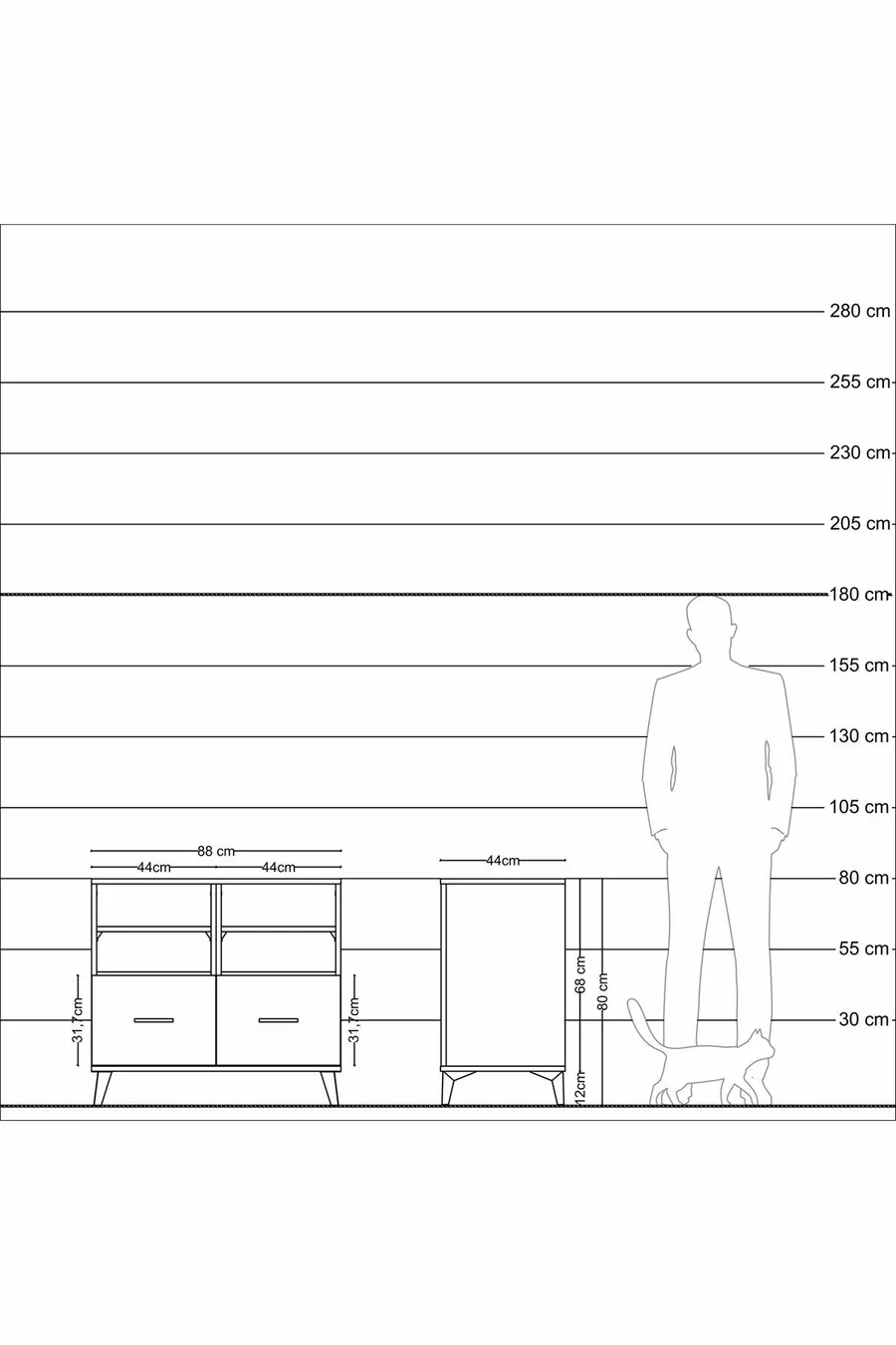 Commode Hyperion 4 étagères 2 tiroirs Pin-Aya/Anthracite