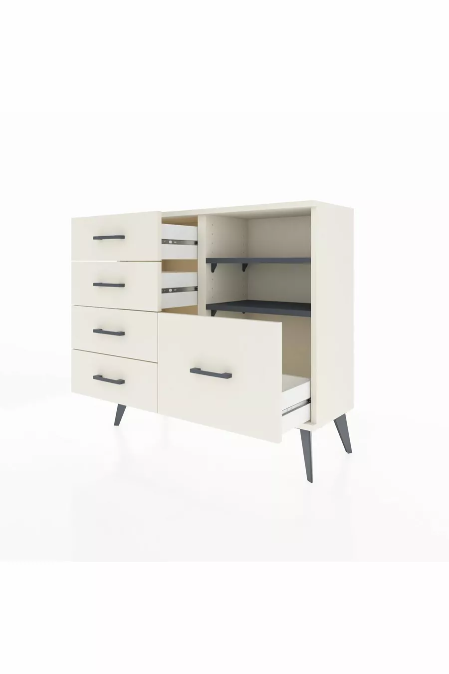 Commode Arges 2 étagères 5 tiroirs Nacré-Anthracite/Nacré