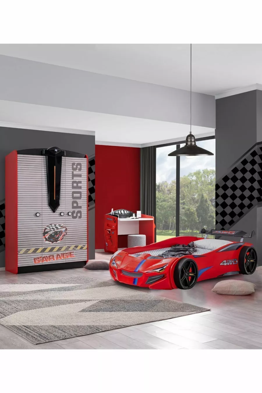 Chambre d'enfant - Lit sur roulettes Merso - Armoire 3 portes Sport, Bureau - Rouge