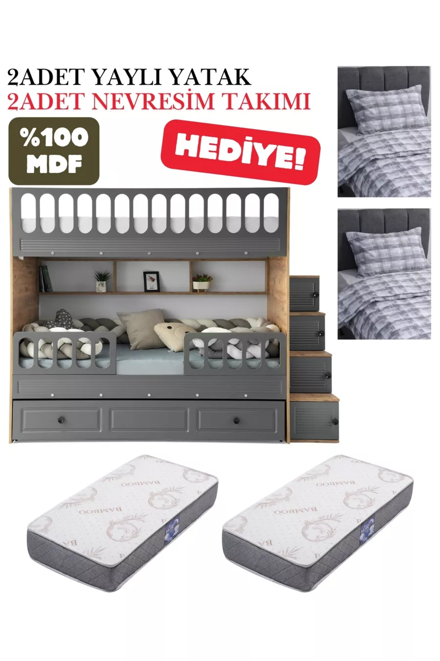 Lit superposé avec volet / Installation gratuite / 100% MDF / 2 matelas à ressorts en bambou / 2 ensembles de linge de lit offerts