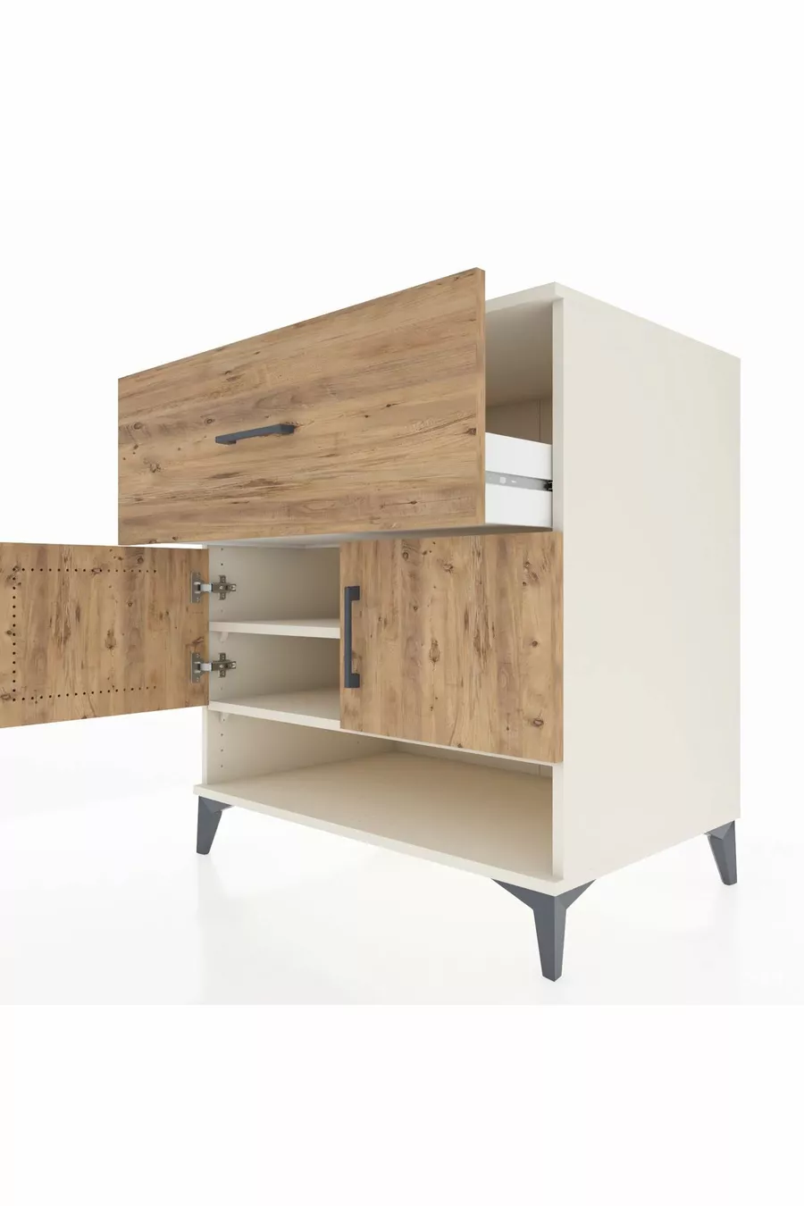 Commode Kronos avec 2 étagères, 1 tiroir et 2 portes, Pierre de Lune-Sapin