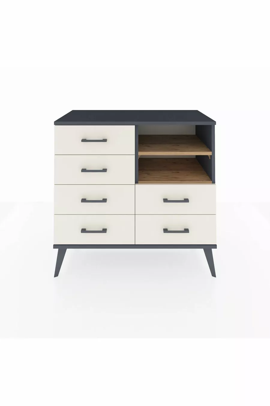 Commode Hyperion 2 étagères 6 tiroirs Anthracite-Pin/Pierre de Lune
