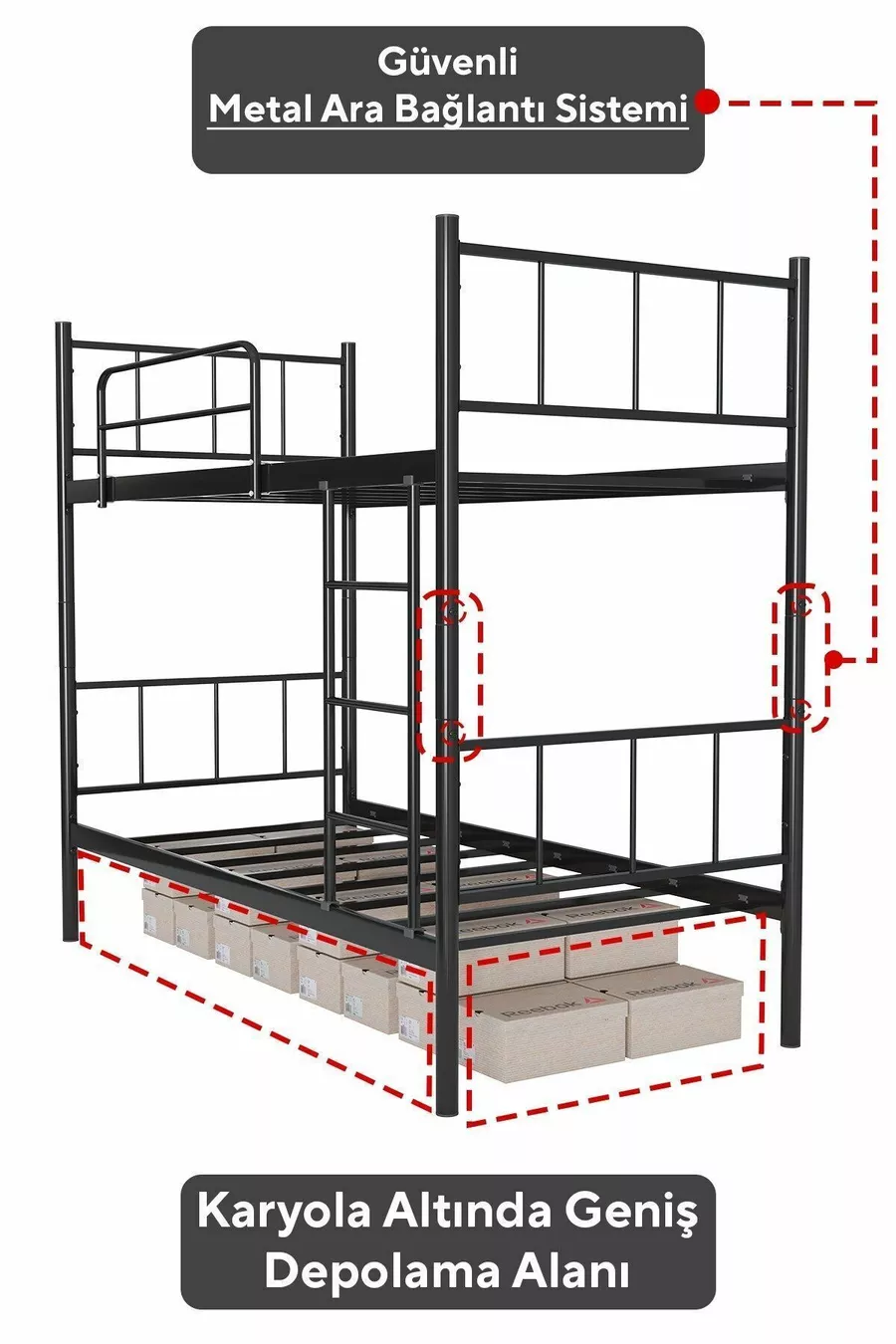 Lits superposés Tekno compatibles avec matelas, métal noir détachable